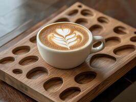 Beautiful Latte Art Design In Coffee Cup On Wooden Tray With Many Holes photo
