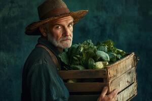An older man holding a crate of vegetables photo
