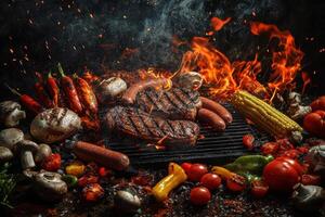 Grilled meat and vegetables on a grill with fire photo