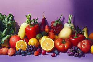 A bunch of fruits and vegetables on a purple background photo