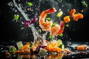 Shrimp and vegetables being splashed with water photo