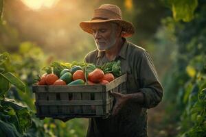 The Harvest Season a Portrait of a Farmer Carrying a Crate of Vegetables photo