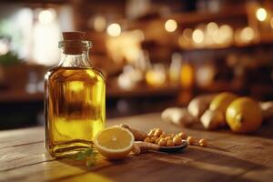 Golden Elixir Bottle with Lemon and Ginger on a Sunny Wooden Kitchen Table photo