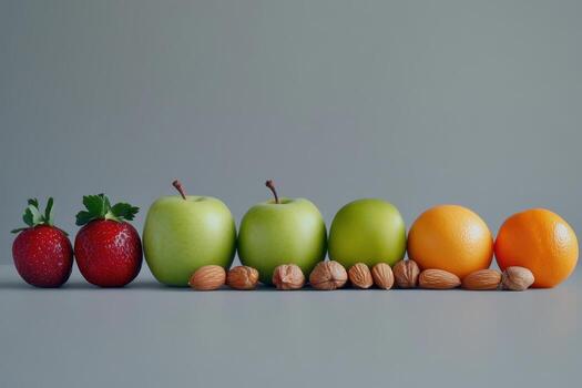 A Visually Appealing Horizontal Composition Showcasing a Diverse Array of Fruits and Nuts Perfectly Arranged photo