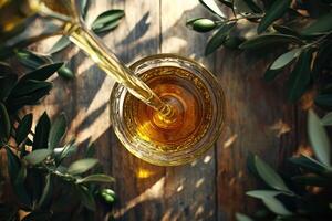 Olive oil pouring into a glass bowl on a wooden table photo