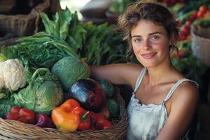 A woman is posing with a basket full of vegetables photo