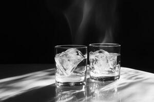 Two glasses of ice water with smoke coming out of them photo