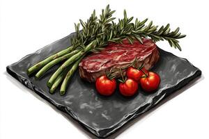 Delicious Steak Meal Served on Stone Plate with Rosemary Cherry Tomatoes and Asparagus photo