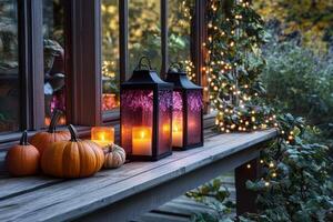 Warm Autumn Evening Scene Featuring Lanterns Pumpkins Candles and String Lights on Wooden Porch photo