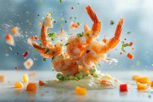 Shrimp and Vegetable Explosion Culinary Delight A Captivating and Mouthwatering Food Still Life Composition photo