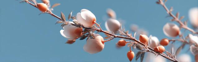 A branch with white flowers and small white berries photo