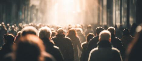 A crowd of people walking down a street photo