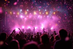 A concert with people in the audience and confetti falling photo