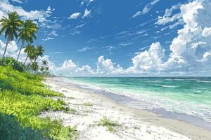 Anime beach scene with palm trees and grass photo