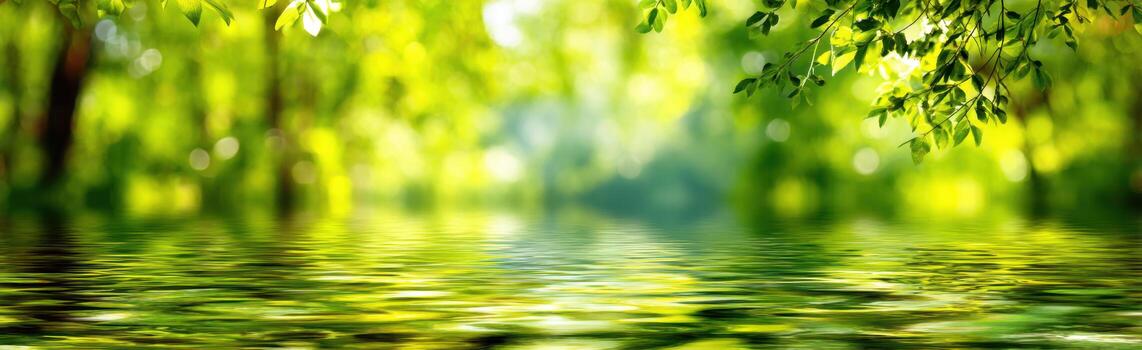 Green forest background with water reflection photo