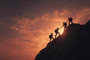 Silhouettes of people climbing a mountain at sunset photo