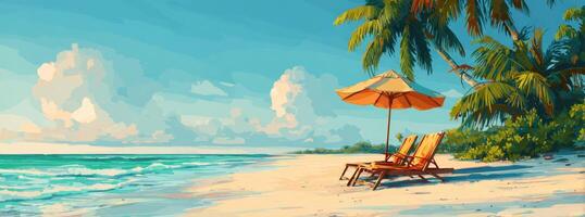 A painting of a beach with two chairs and an umbrella photo
