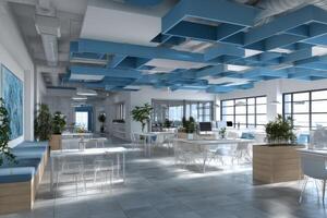 A modern office with blue and white furniture photo