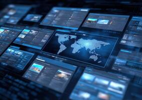 A large number of screens with various images on them photo