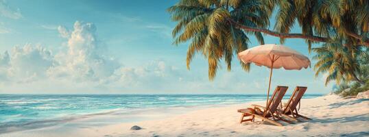 A beach with two chairs and an umbrella photo