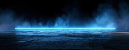 A blue neon light is shining in the dark photo