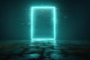 A neon light is shining through a door in a dark room photo