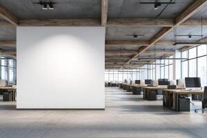 An empty office with a large white poster photo