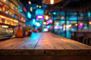A bar with a wooden table and a few lights photo