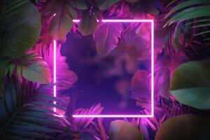 Neon pink square frame surrounded by tropical leaves photo