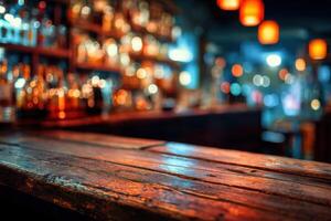 A wooden bar counter with a few bottles on it photo