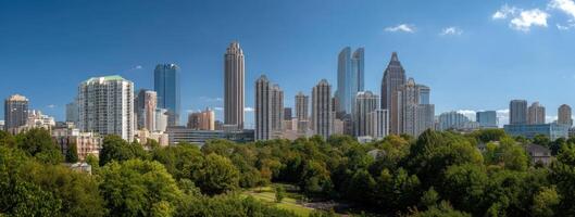 A city skyline with trees and buildings in the foreground photo