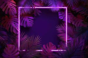Neon purple frame with palm leaves and tropical plants photo