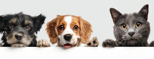 Four dogs and a cat peeking over a white board photo
