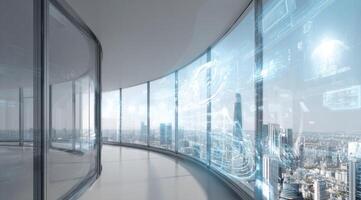 A view of a futuristic city from inside a glass building photo