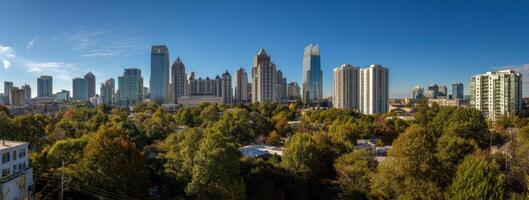 The city skyline of a large city with trees and buildings photo