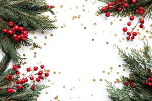 Evergreen Branches with Red Berries and Gold Glitter on White Background Creating Festive and Warm Atmosphere Holiday Season Celebration Idea photo