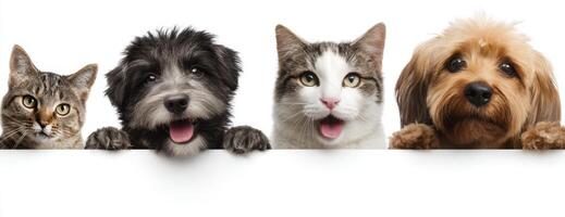 Four dogs and a cat are peeking over a white banner photo
