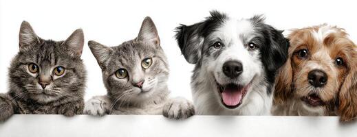 Four dogs and a cat are peeking over a white board photo