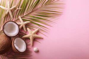 Tropical Getaway Coconut Palm Starfish and Shell Composition on Light Pink Backdrop Capturing Summer Holiday Paradise Exotic Flavor and Tranquil Coastline Dream Destination photo