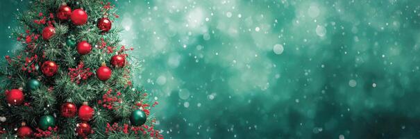 Festive Holiday Season Evergreen Tree Decorated with Ornaments and Bows on Snowy Teal Background a Traditional Christmas Celebration Concept Background for Display photo