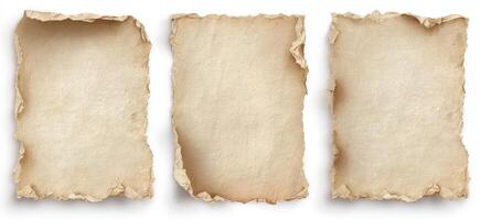 Three Torn Vintage Parchment Sheets on White Background Offer Rustic Texture and Timeless Elegance for Creative Designs and Nostalgic Visualizations and Digital Representations photo