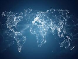 World map with connected lines and dots on dark background photo