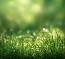 Green Grass Field with Bokeh Sunlight and Dewdrops at Serene Spring Morning Natural Greenery of Scenic Meadow Landscape Lush Grassland Ecology and Environment photo