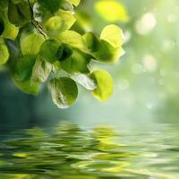 Reflections of Verdant Canopy Delicate Leaves Mirrored Smooth Waters Serene Nature Photography Calm Aquatic Environment Tranquil Springtime Mood Relaxing Scenery Green Color photo