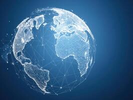 World map with network lines and dots on blue background photo