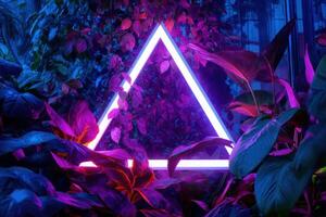 A Glowing Triangle Illuminating Exotic Flora An Abundance of Tropical Greenery and Vibrant Blossoms in a Neon Lit Secret Garden photo