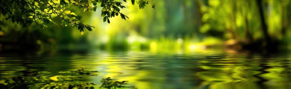 Green forest background with water and trees photo