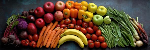 Colorful Array of Fresh Produce Assortment of Fruits and Vegetables Displayed on Dark Surface Ripe Harvest From Local Farms For Healthy Eating photo