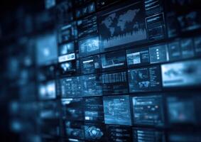 A dark background with many screens and a map photo