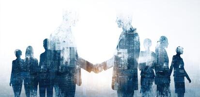 Business people shaking hands in front of a city skyline photo